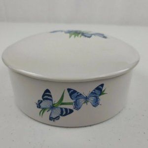 Large FTD Porcelain Round Powder Puff Trinket Jewelry Box Butterflies Gift Idea